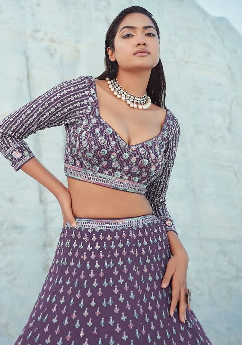 Purple Embroidered Poly Blend Lehenga Set