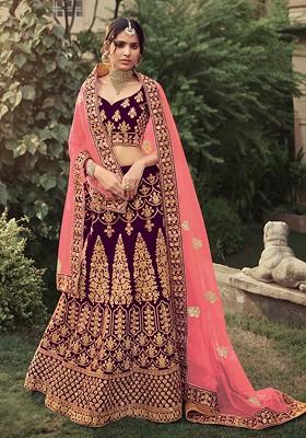 Burgundy Embroidered Poly Blend Lehenga Set