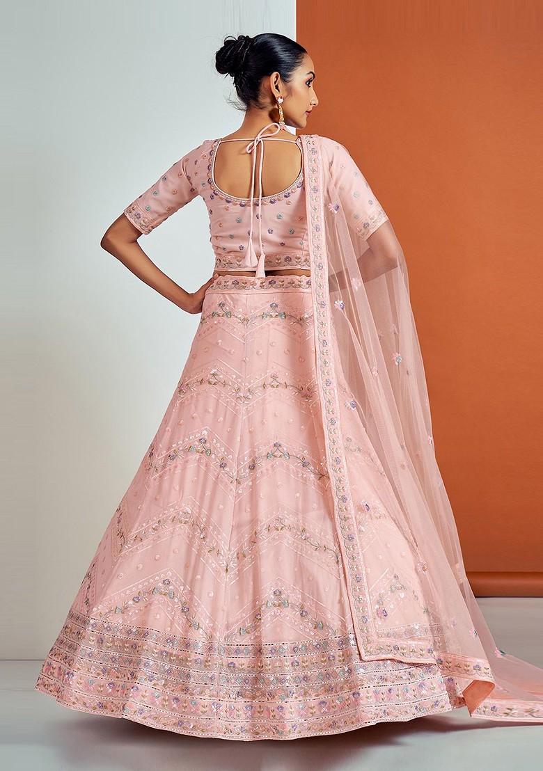Peach Embroidered Poly Blend Lehenga Set