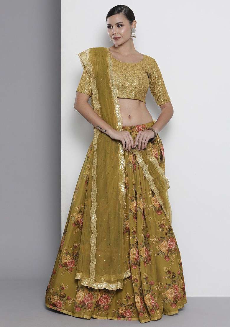 Olive Green Embroidered Poly Blend Lehenga Set for Diwali and Festive Wear - Indya