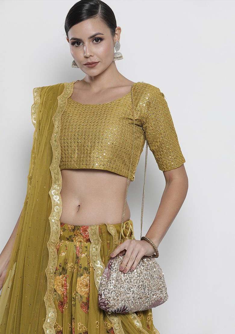Olive Green Embroidered Poly Blend Lehenga Set for Diwali and Festive Wear - Indya