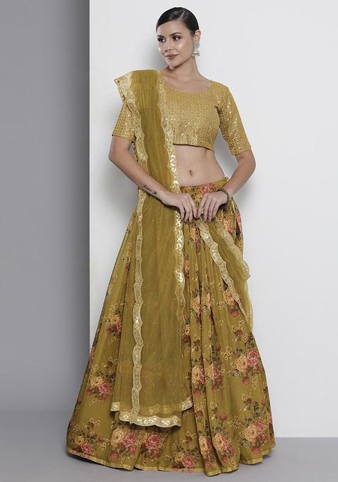 Olive Green Embroidered Poly Blend Lehenga Set
