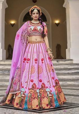 Pink Printed Poly Blend Lehenga Set