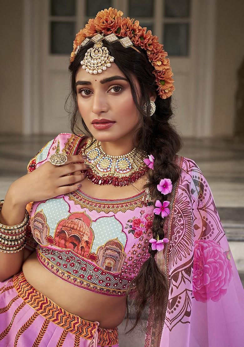 Pink Printed Poly Blend Lehenga Set
