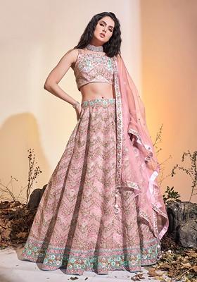 Pink Embroidered Poly Blend Lehenga Set