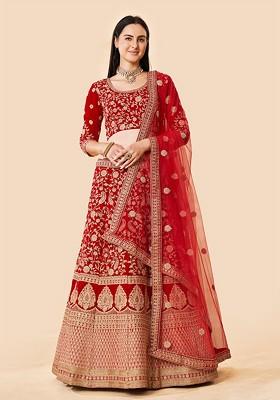 Red Embroidered Poly Blend Lehenga Set