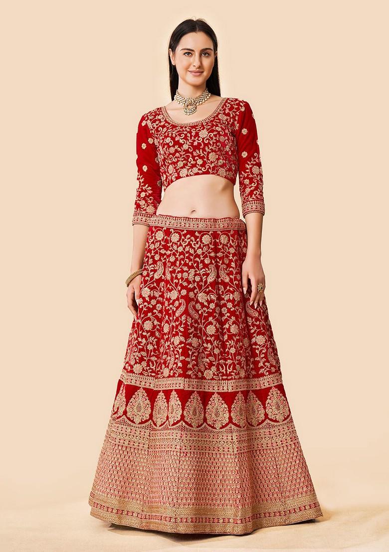 Red Embroidered Poly Blend Lehenga Set