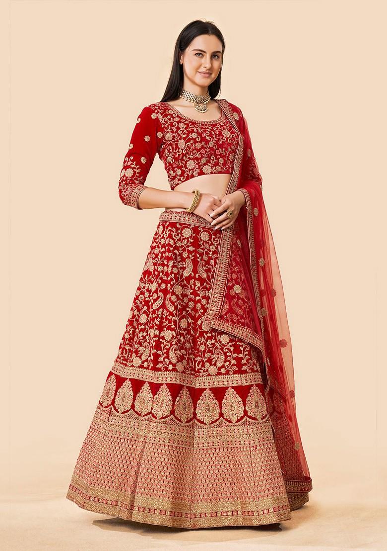 Red Embroidered Poly Blend Lehenga Set