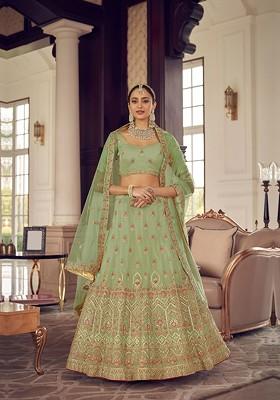 Green Embroidered Poly Blend Lehenga Set