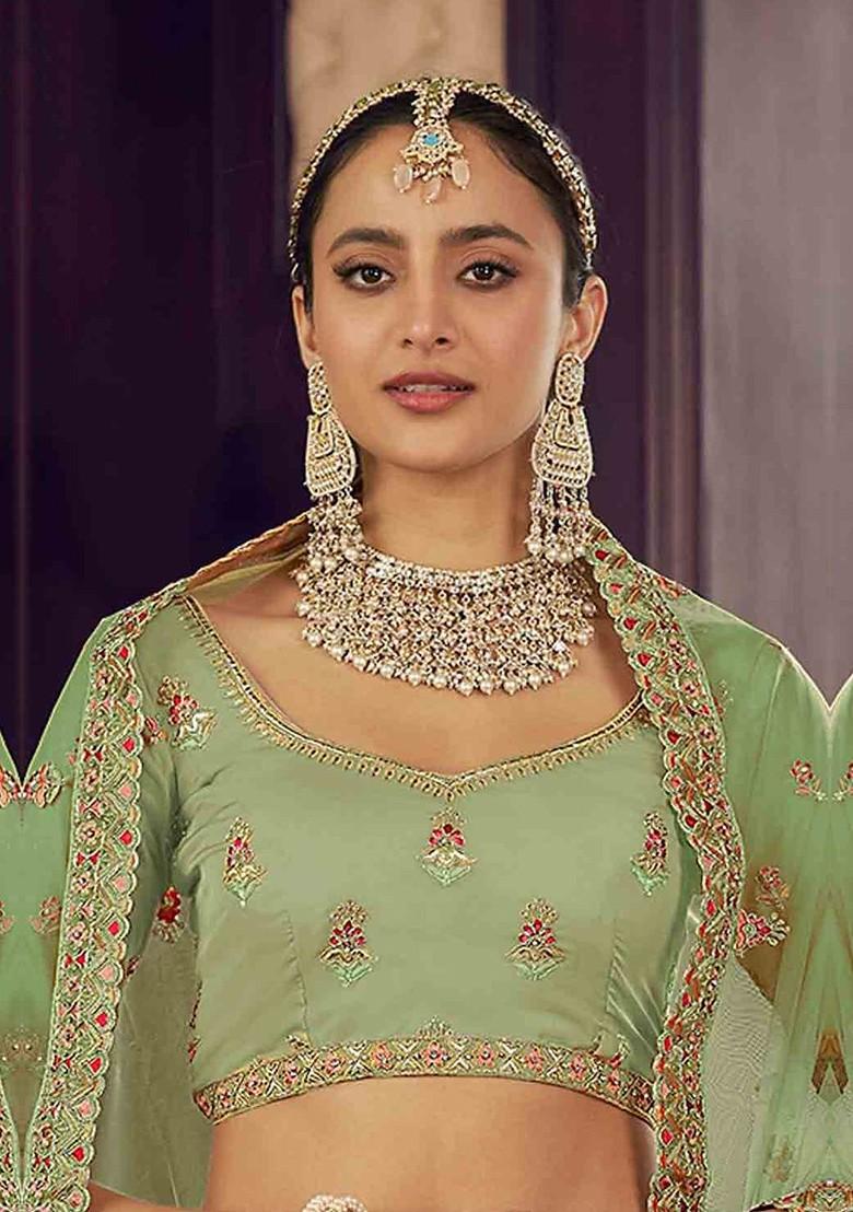 Green Embroidered Poly Blend Lehenga Set