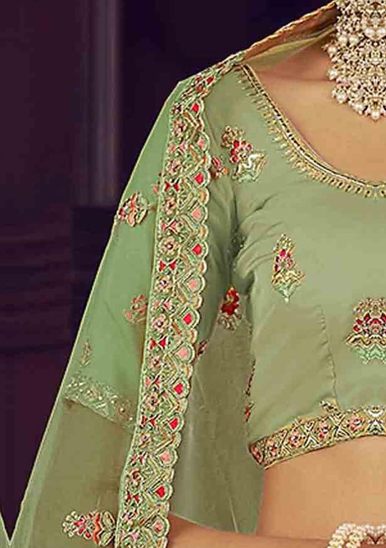 Green Embroidered Poly Blend Lehenga Set