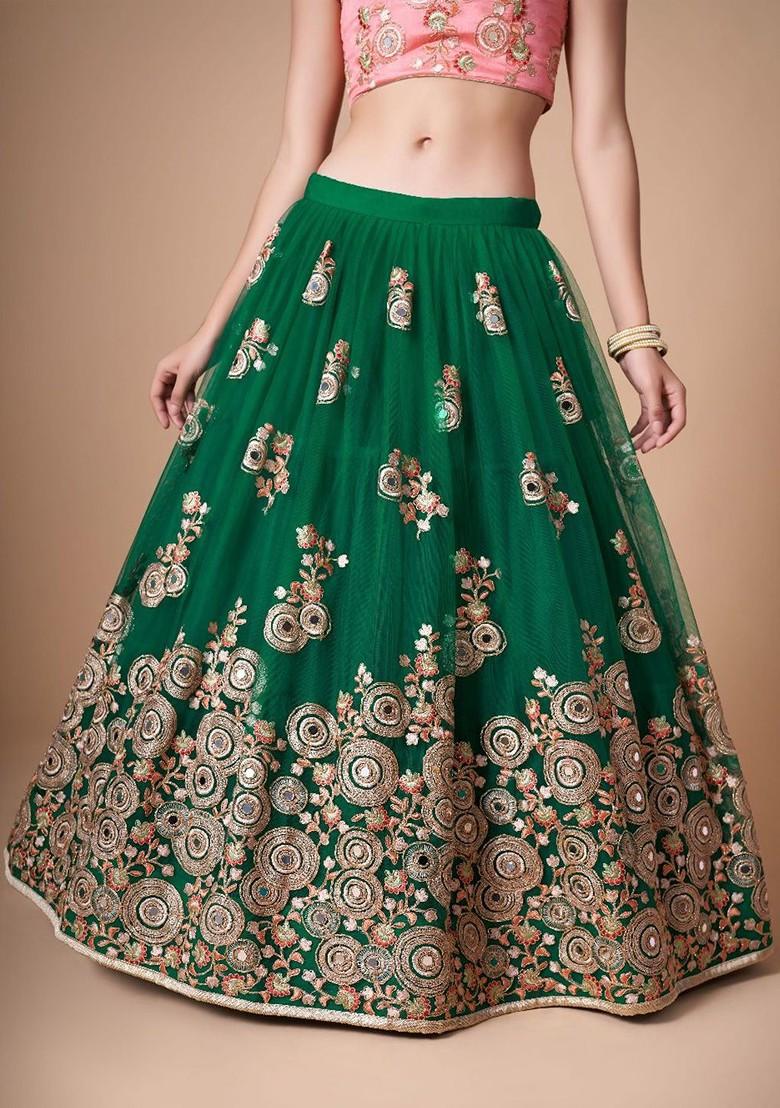 Green Embellished Poly Blend Lehenga Set