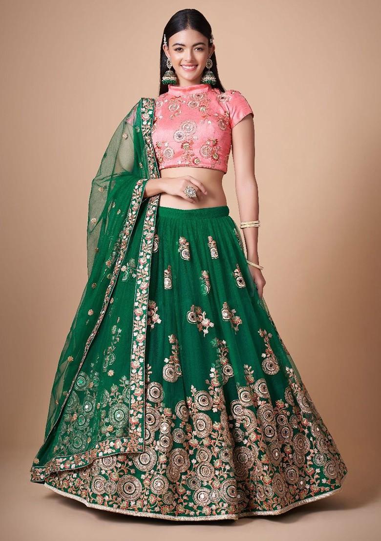 Green Embellished Poly Blend Lehenga Set