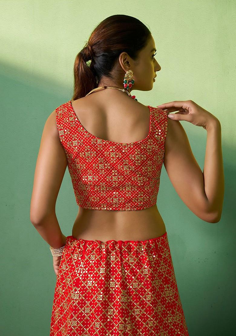 Red Embroidered Poly Blend Lehenga Set
