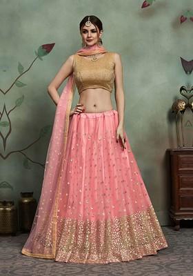 Beige Embellished Poly Blend Lehenga Set