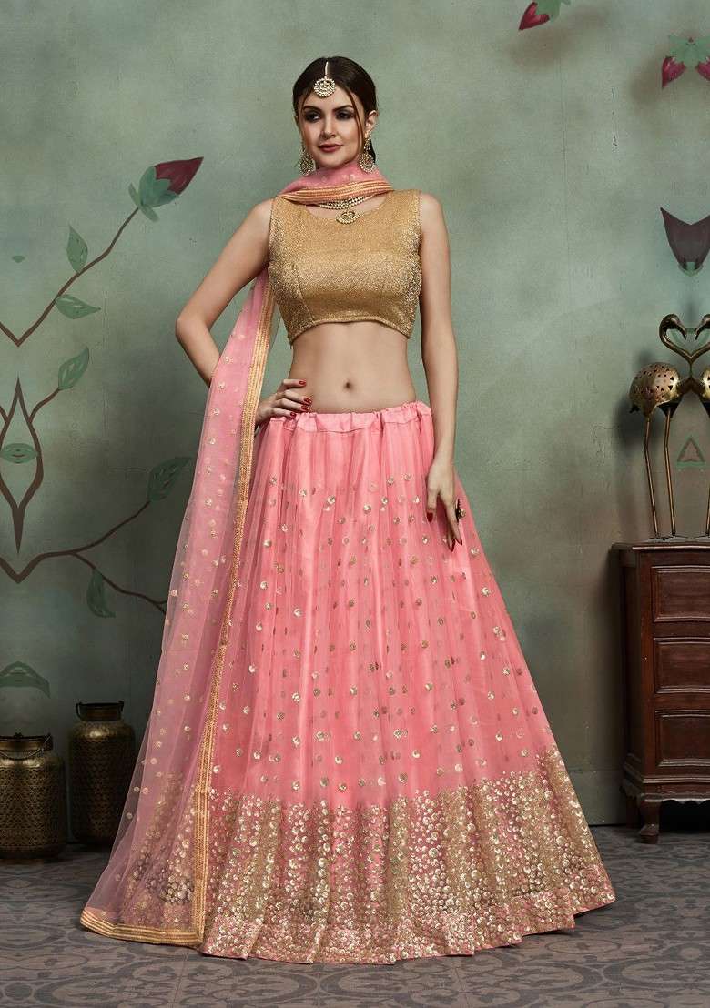 Beige Embellished Poly Blend Lehenga Set for Diwali | Wedding & Festive Wear - Indya