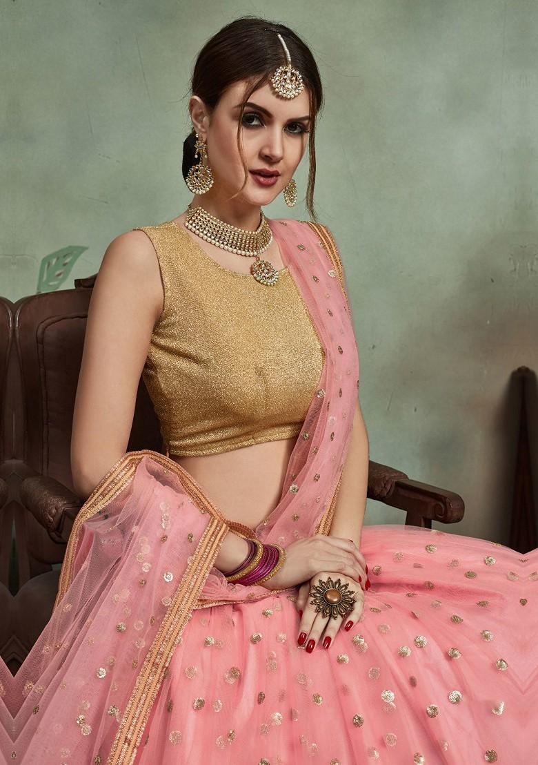 Beige Embellished Poly Blend Lehenga Set