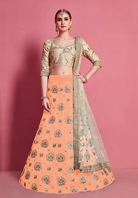 Orange Embroidered Poly Blend Lehenga Set