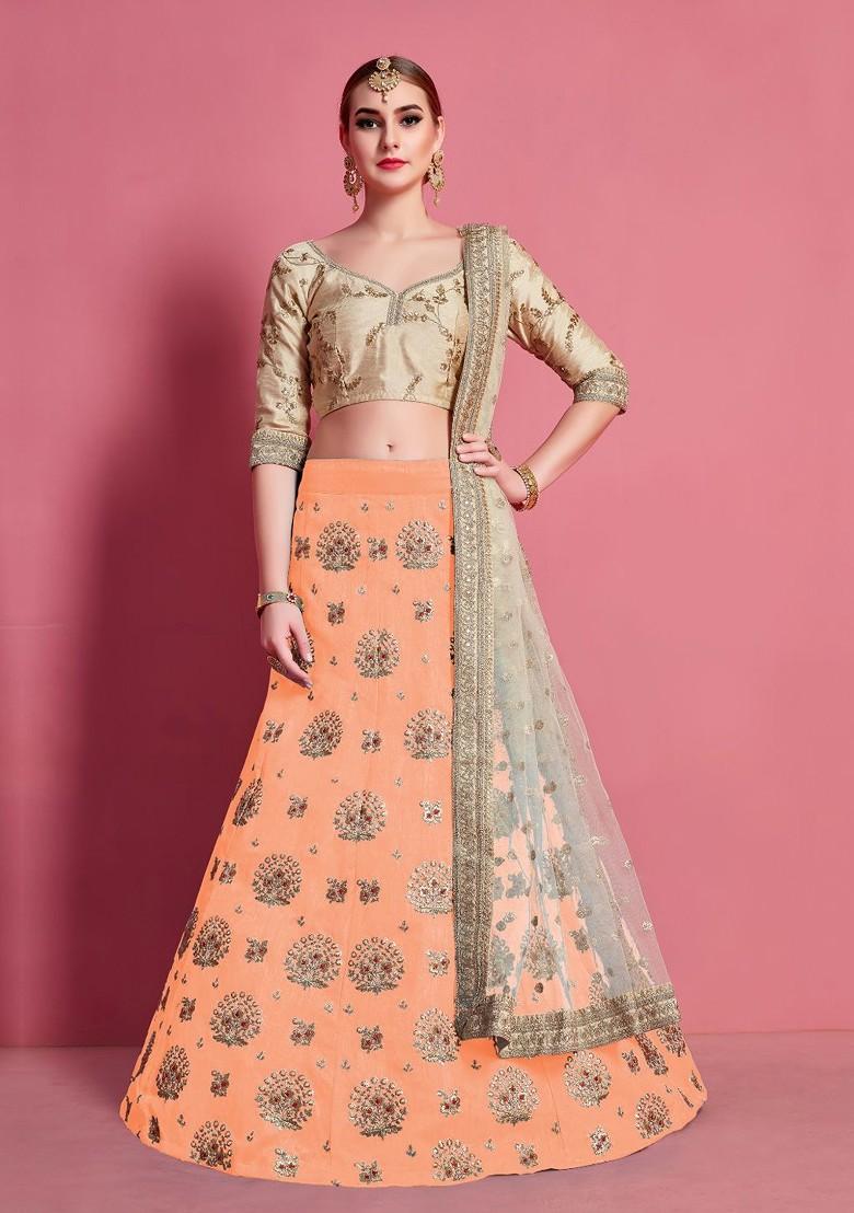 Orange Embroidered Poly Blend Lehenga Set