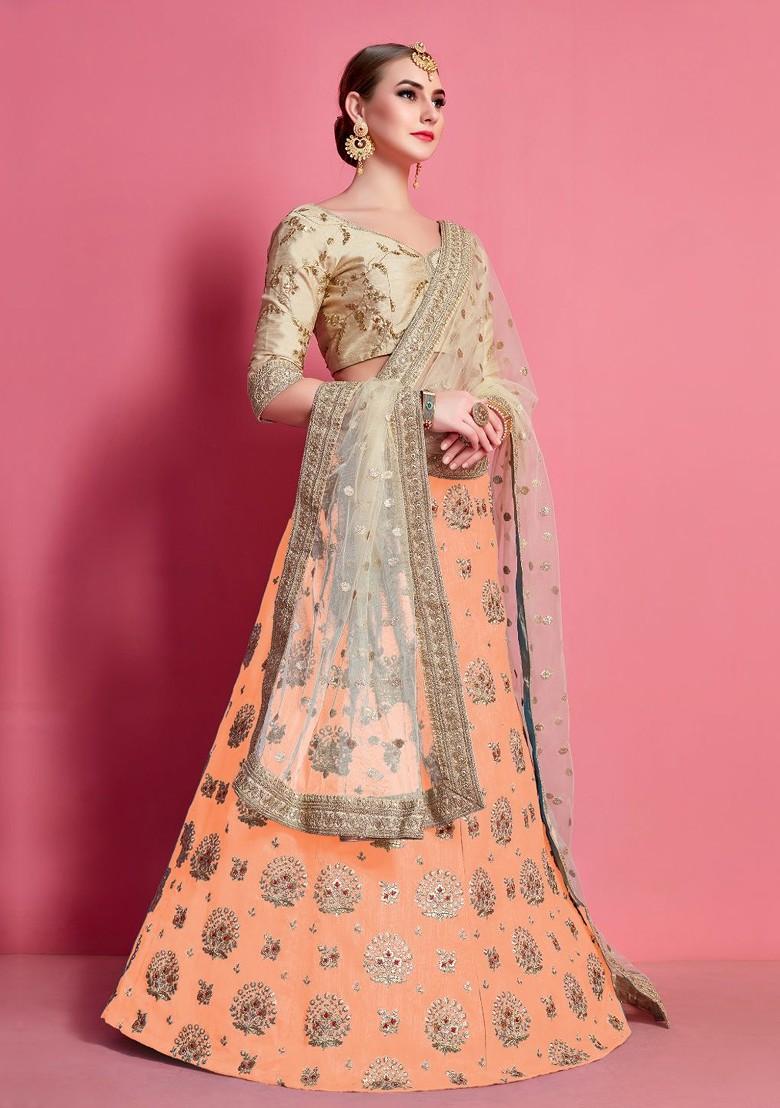 Orange Embroidered Poly Blend Lehenga Set