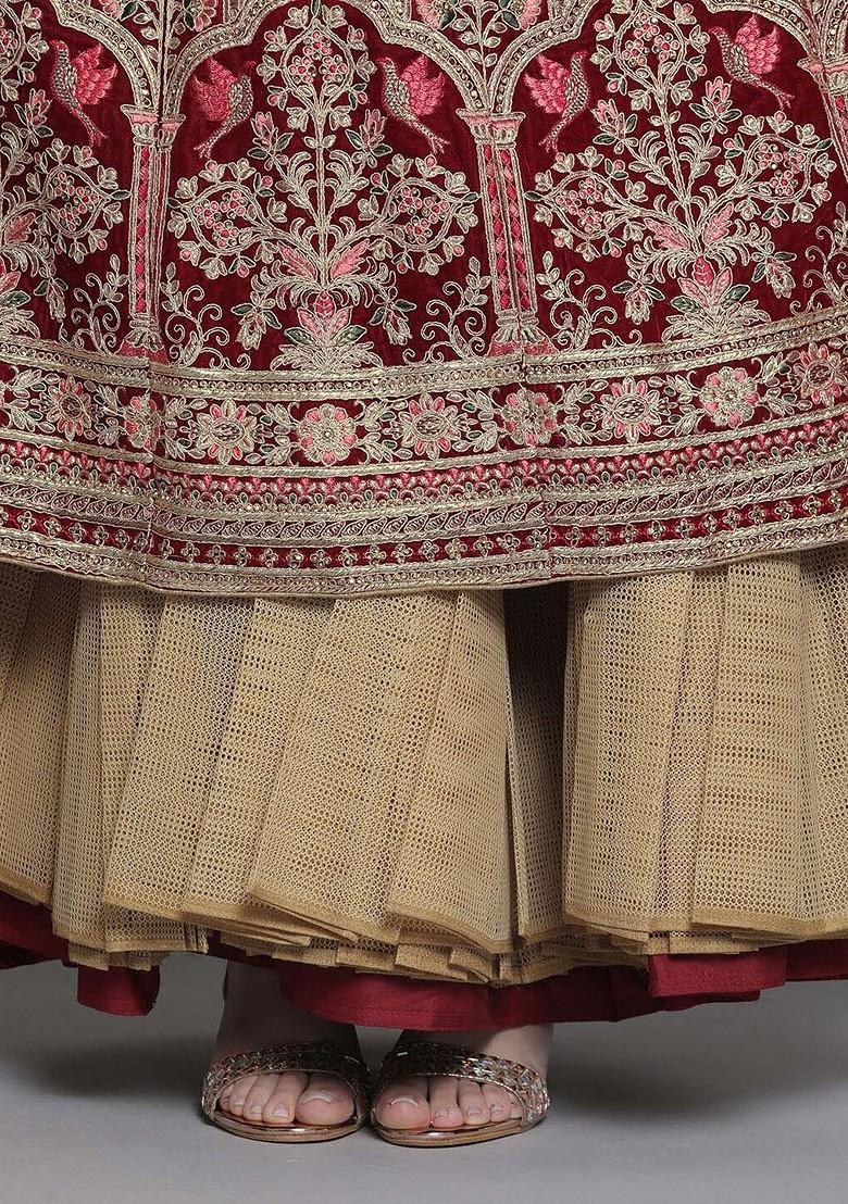 Maroon Embroidered Poly Blend Lehenga Set