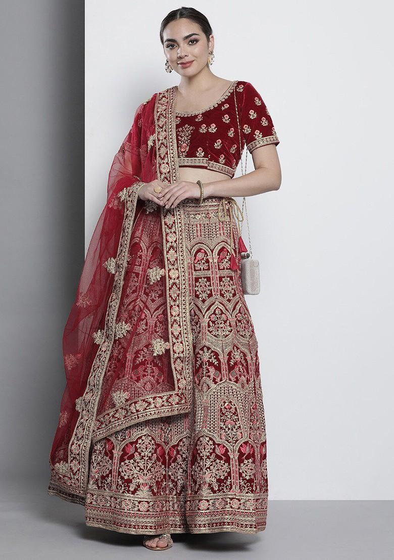 Maroon Embroidered Poly Blend Lehenga Set