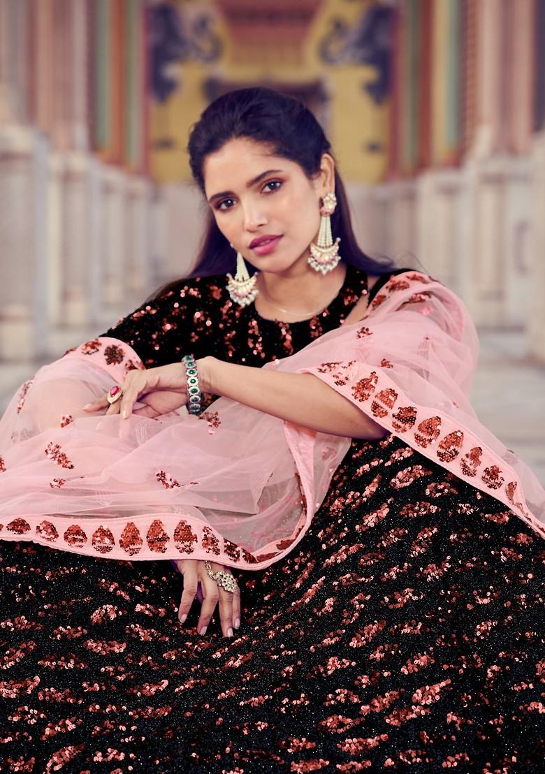 Black Embroidered Poly Blend Lehenga Set