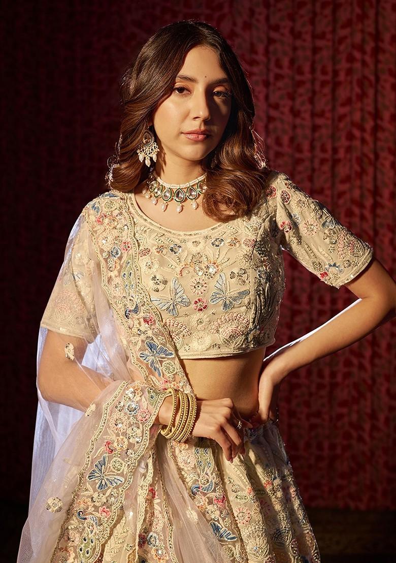 White Embroidered Poly Blend Lehenga Set