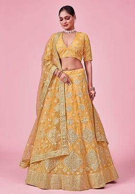 Mustard Yellow Embroidered Poly Blend Lehenga Set