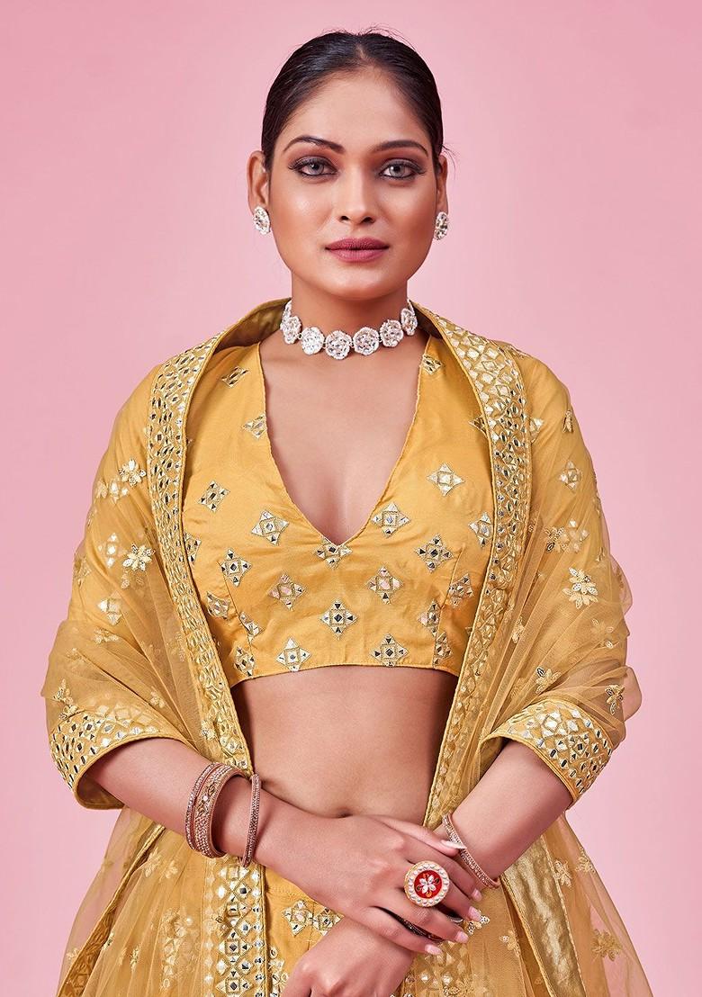 Mustard Yellow Embroidered Poly Blend Lehenga Set