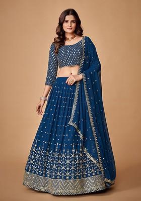 Teal Green Embroidered Poly Blend Lehenga Set