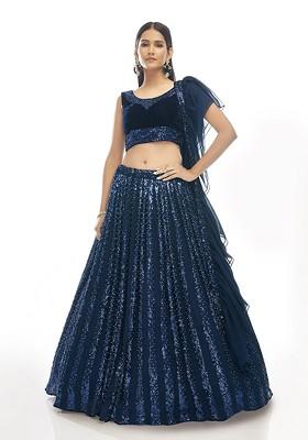 Navy Blue Embroidered Poly Blend Lehenga Set