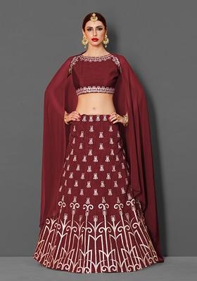 Maroon Embroidered Poly Blend Lehenga Set