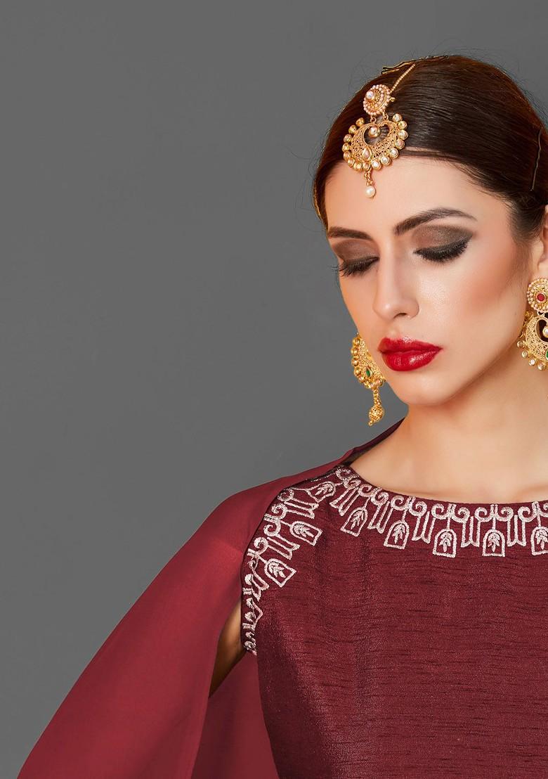 Maroon Embroidered Poly Blend Lehenga Set