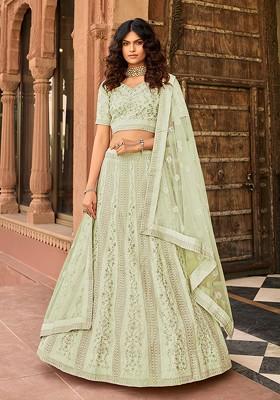 Green Embroidered Poly Blend Lehenga Set