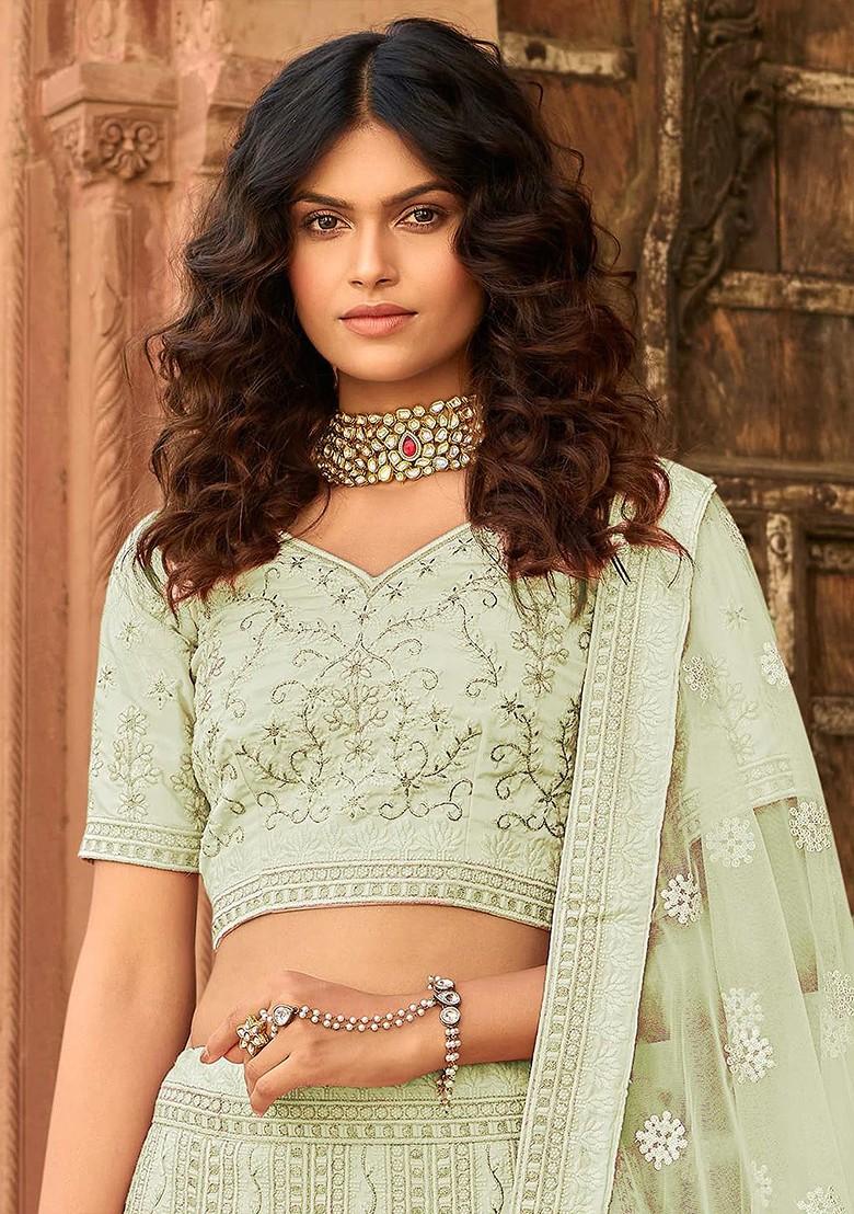 Green Embroidered Poly Blend Lehenga Set