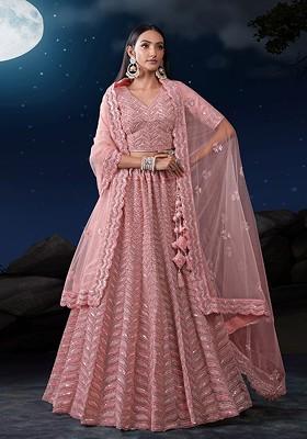Pink Embroidered Poly Blend Lehenga Set