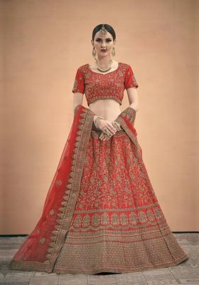 Red Embroidered Poly Blend Lehenga Set
