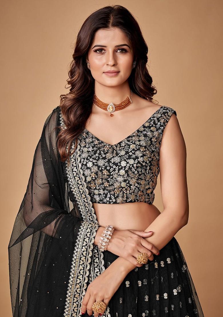 Black Embroidered Poly Blend Lehenga Set