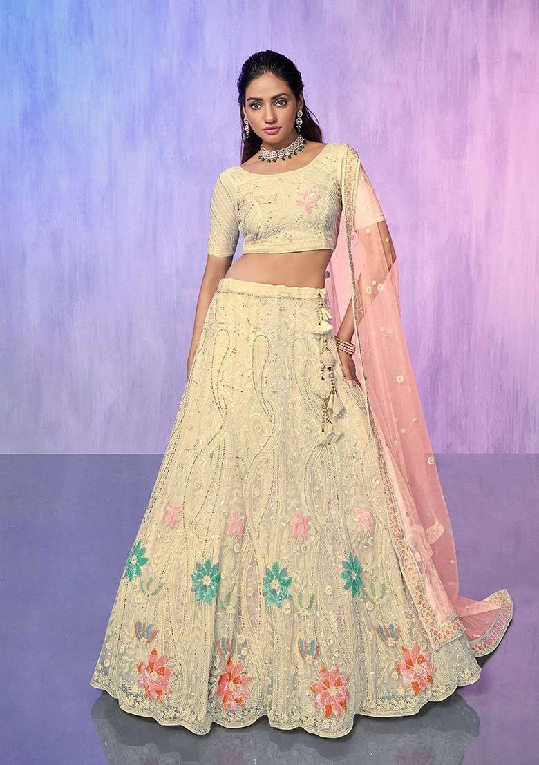 Beige Embroidered Poly Blend Lehenga Set - Indya