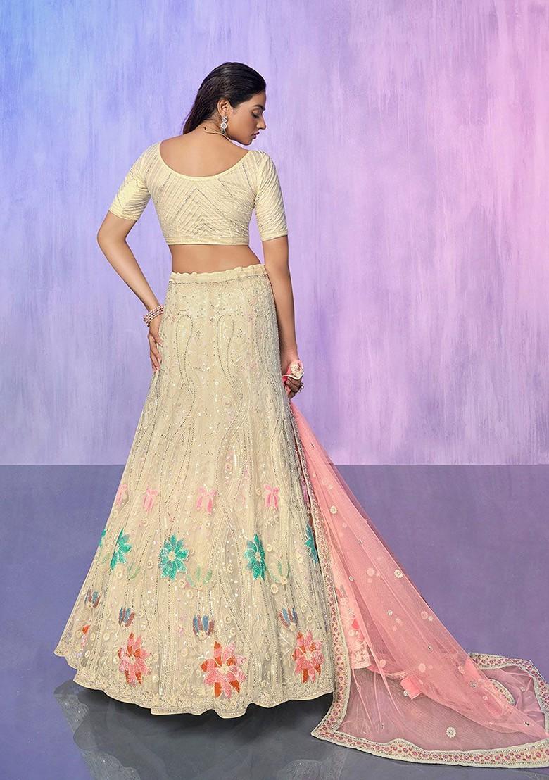 Beige Embroidered Poly Blend Lehenga Set