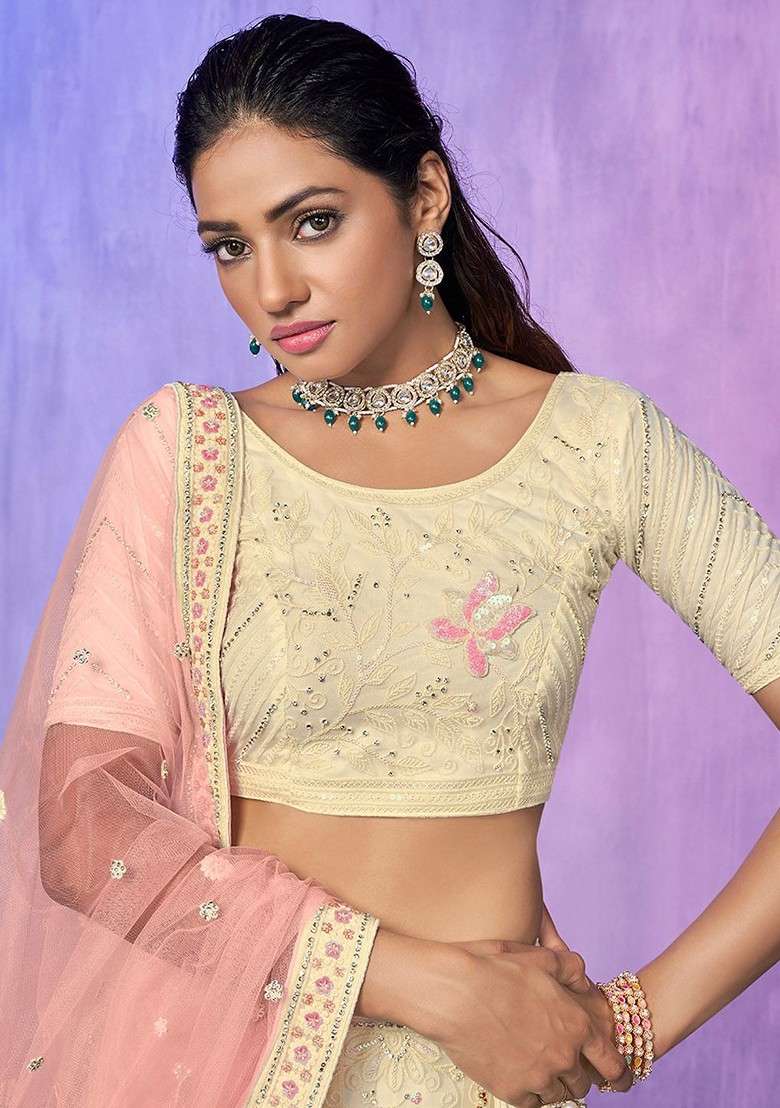 Beige Embroidered Poly Blend Lehenga Set - Indya