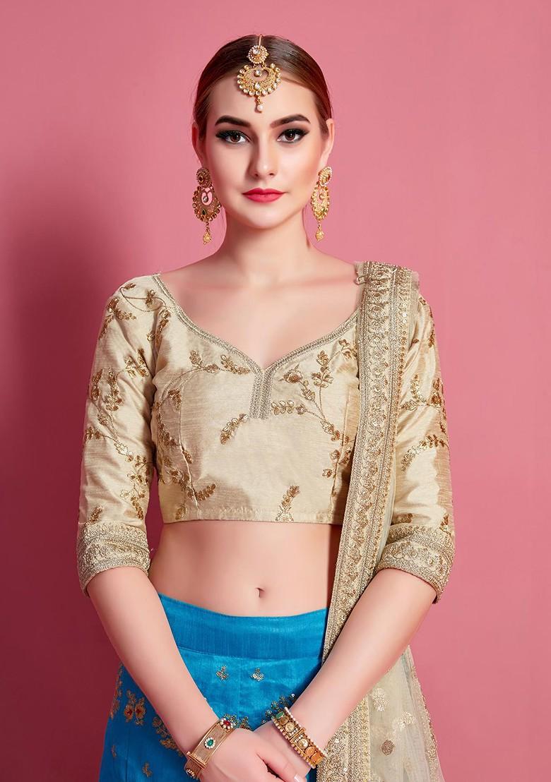 Blue Embroidered Poly Blend Lehenga Set