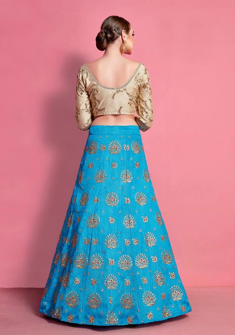 Blue Embroidered Poly Blend Lehenga Set