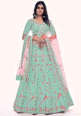 Sea Green Embroidered Poly Blend Lehenga Set