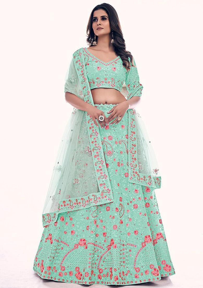 Sea Green Embroidered Poly Blend Lehenga Set
