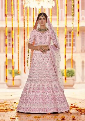 Pink Embroidered Poly Blend Lehenga Set