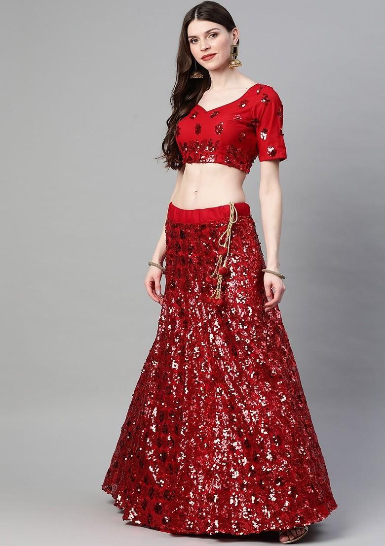 Red Embroidered Poly Blend Lehenga Set