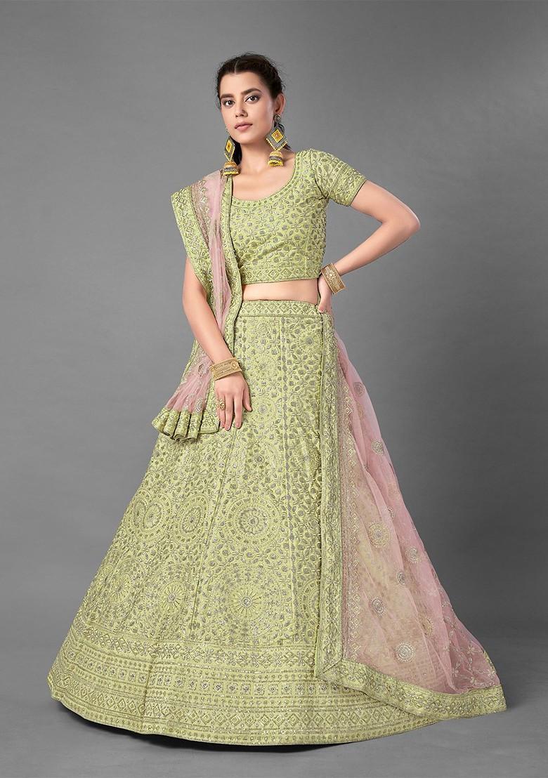 Green Embroidered Poly Blend Lehenga Set