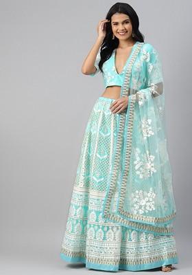 Blue Embroidered Poly Blend Lehenga Set